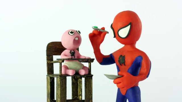Baby vomits on spiderman superheroes Stop motion Play Doh claymation animation video-E8LFCd