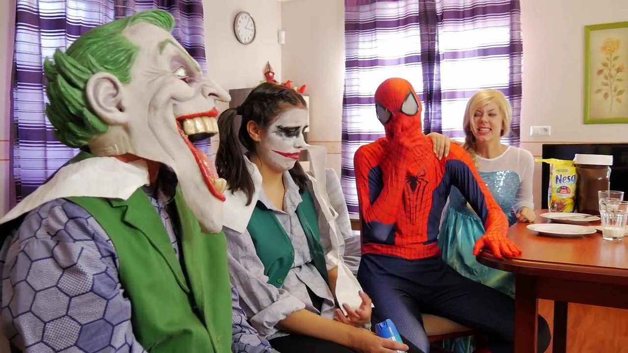 Joker Girl NUTELLA POO PRANK w/ Spiderman Frozen Elsa Joker Toys Kids Superheroes in Real