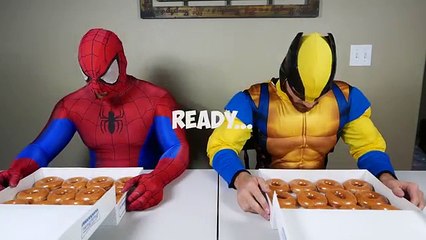 Fat Spiderman vs Wolverine Real Life Donut Eating Competition Superhero Movie!