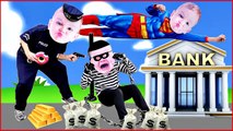 COPS and ROBBERS Crying Babies SUPERMAN CATCHES BAD BABY BANK ROBBER Superheroes in Real Life-JGdkS