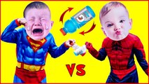 BOTTLE FLIP CHALLENGE Crying Babies SPIDERMAN VS SUPERMAN Superheroes in Real Life Crying Baby-r4M