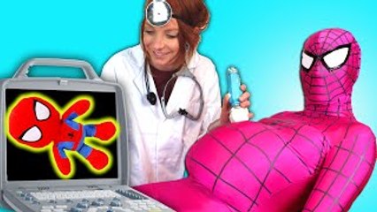 Spiderman, Frozen Elsa & Pink Spidergirl w/ Doctor! Spiderbaby is sick! Superheroes in Real Life :)