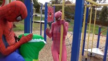 Spiderman & T-Rex Vs Pink Spidergirl & Unicorn! Superhero Fun Playground Race IRL