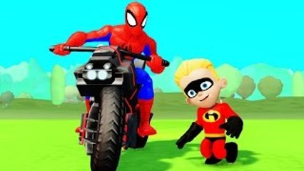 SPIDERMAN RACE with his Spider Bike vs The Incredibles 2 ! Kids Fun video w/ Nursery Rhyme