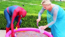 Frozen Elsa & Spiderman Buried Head in Orbeez sand surprise vs Joker Pranks Fun Superhero Real Life--N