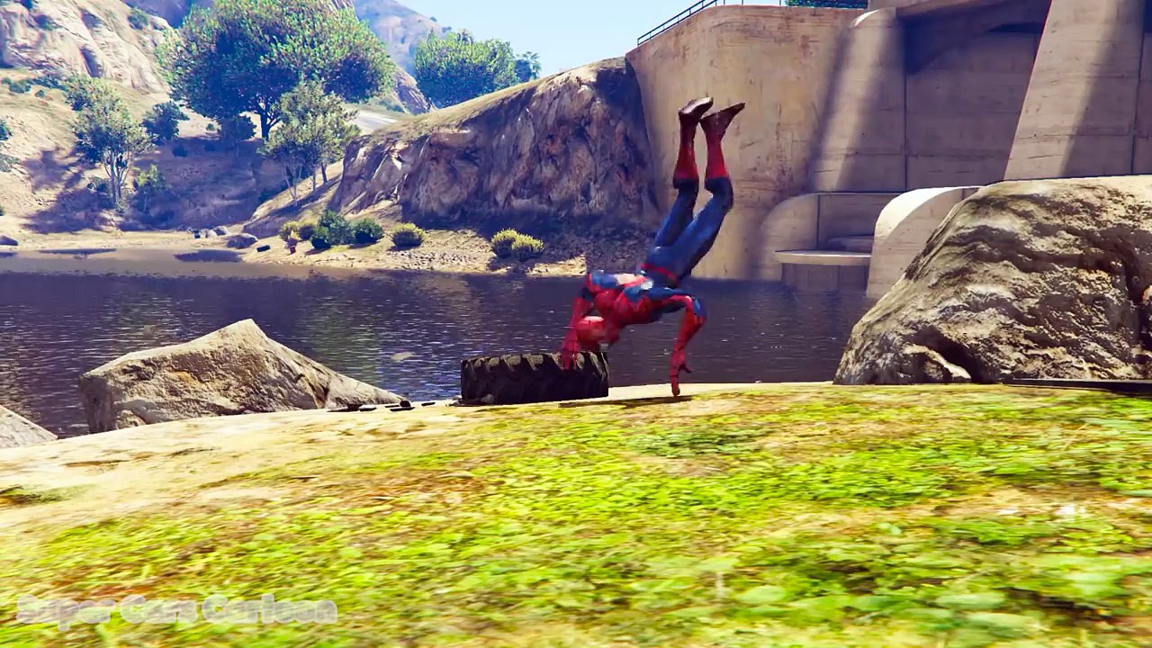 COLOR MotorCycles Jumping in Grand Canyon with superheroes! Cartoon video for kids