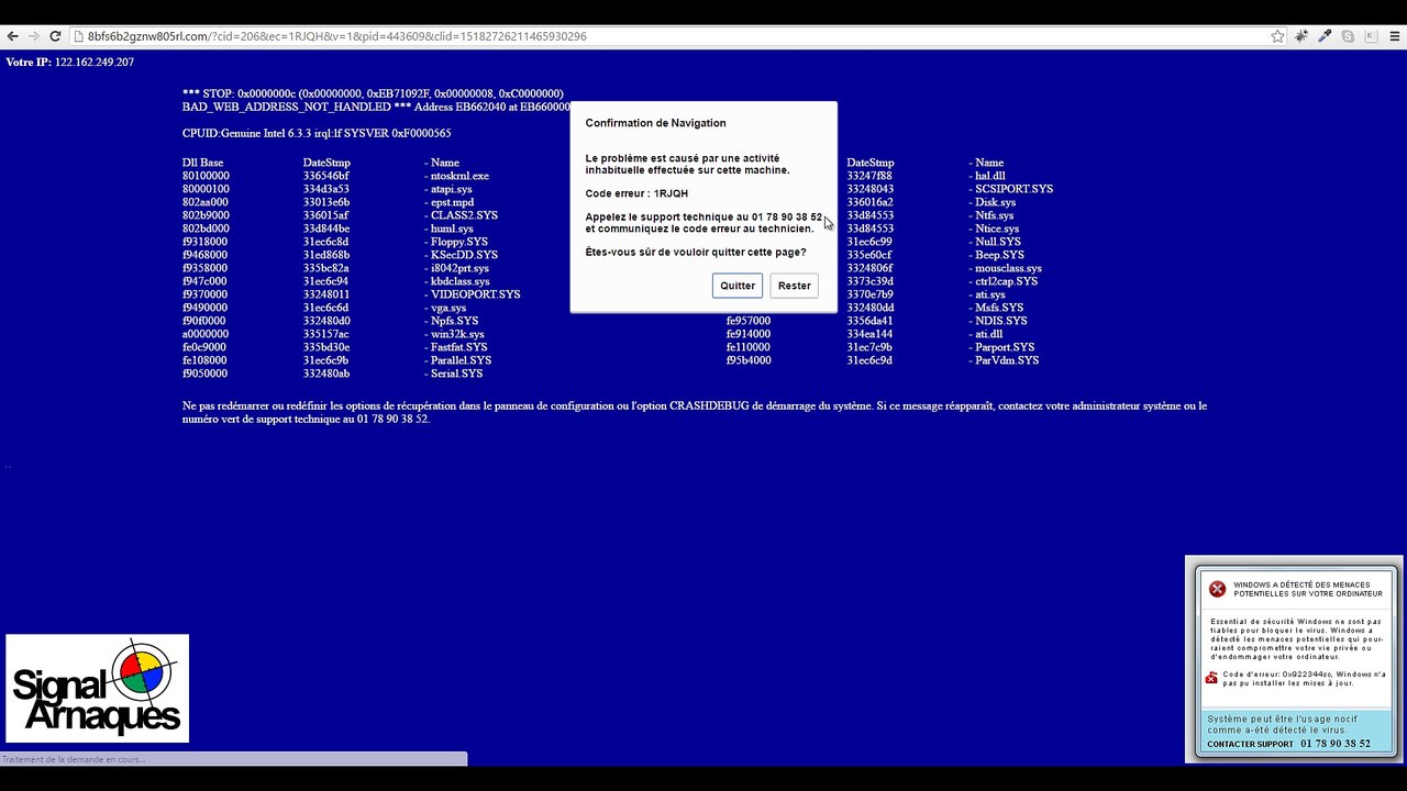 Faux Virus - Page bleue - Contacter un support technique