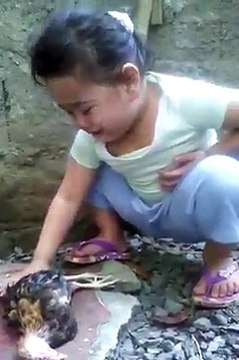 Little girl crying over dead chicken