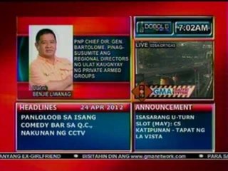 DB: Chief Bartolome, pinagsusumite ang Reg. Dir. ng ulat kaugnay ng private armed groups (042412)