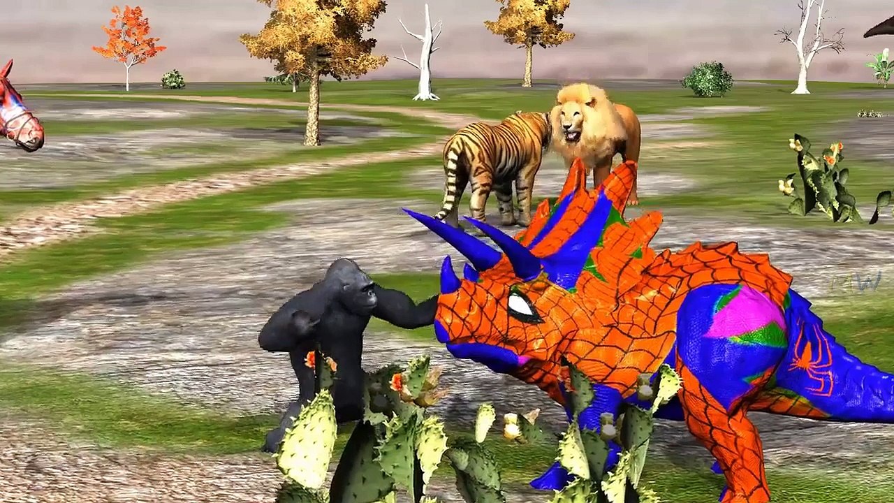 3D Spiderman Gorilla Vs Dinosaur Fight | Dinosaurs King Kong Bear Elephant Lion Cartoon Sh