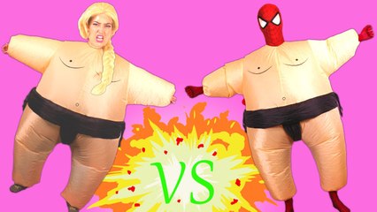 Spiderman vs Frozen Elsa SUMO BATTLE! w- Pink Spidergirl Joker Maleficent! Funny Superhero Video -)