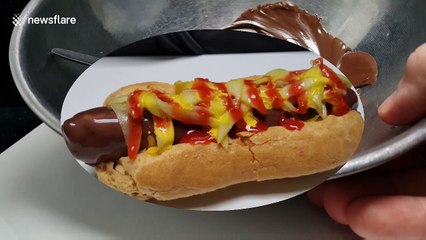 Chef makes awesome dessert hot dog