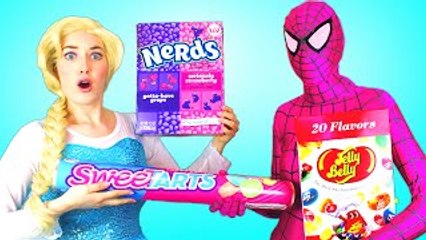 Spiderman, Frozen Elsa & Pink Spidergirl vs Joker! with Giant Candy! Superhero Fun in Real Life :)
