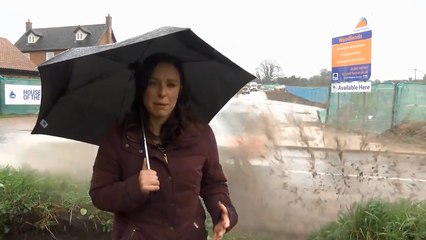 Cette journaliste va regretter de s'être placée près d'une route inondé.