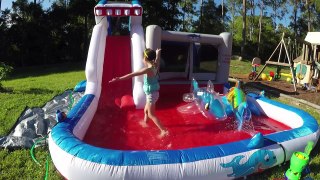 HUGE INFLATABLE SHARK WATERSLIDE and OUTDOOR BOUNCER BallPit Frozen Beach Ball, Sharks Toys and Slid