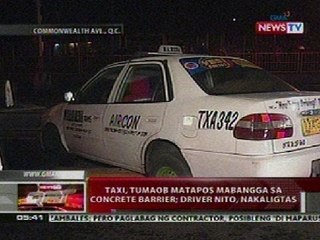 QRT: Taxi, tumaob nang mabangga sa concrete barrier sa QC