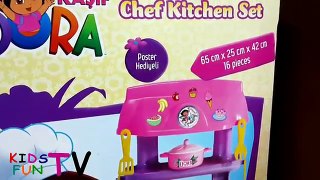 New Dora cartoon Full english Kitchen Pretend Playset Toys review for kids