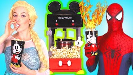 Spiderman & Frozen Elsa vs Joker Popcorn Prank! w/ Pink Spidergirl & Maleficent! Superhero Fun :)