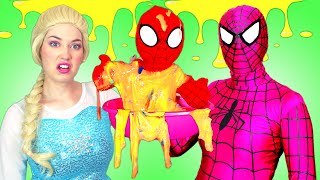 Spiderman Slimes Spiderbaby! w/ Frozen Elsa, Pink Spidergirl, Maleficent & Prank! Superhero Fun :)