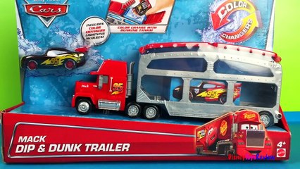 Télécharger la video: Disney Pixar Cars Color Changers Lightning McQueen Mack Dip & Dunk Trailer Sheriff Sally R