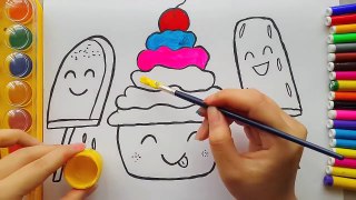 How to Draw and Color Smiley Ice Cream and Cake for Kids