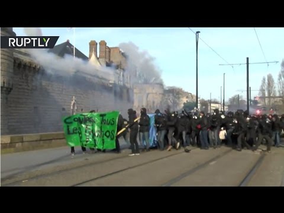 Teargas, smoke & fire: Anti-Le Pen protesters clash with police in Nantes, France