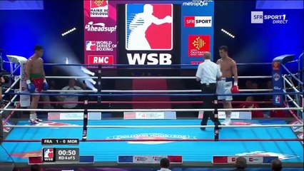 فوز الملاكم المغربي أنس المسعودي على خصمه الفرنسي شابان فيهيم بالضربة القاضية خلال الجولة الرابعة في نزال وزن 69- كلغ،