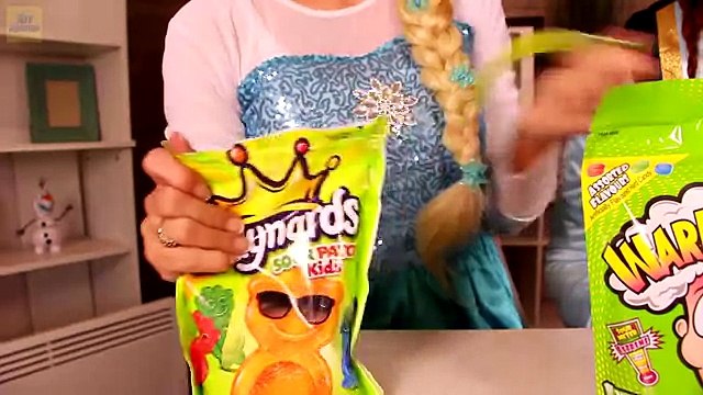Frozen Elsa & Anna SOUR CANDY CHALLENGE! w_ Spiderman Joker Maleficent Car Fun Real Life Superheroes