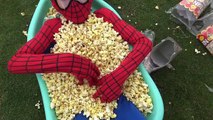Baby Spiderman Shower Bath and Eat Spume Popcorn Joker Frozen Elsa Funny video for kids