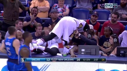 Hilarious - Anthony Davis Crashes Into A Table Over Dante Cunningham!   March 29, 2017