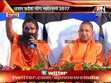 Baba Ramdev addressing press along with UP CM Yogi Adityanath