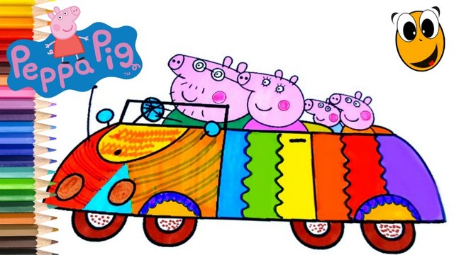 PEPPA PIG family car Coloring Book Pages Kids Videos for Children Learning Rainbow Colors