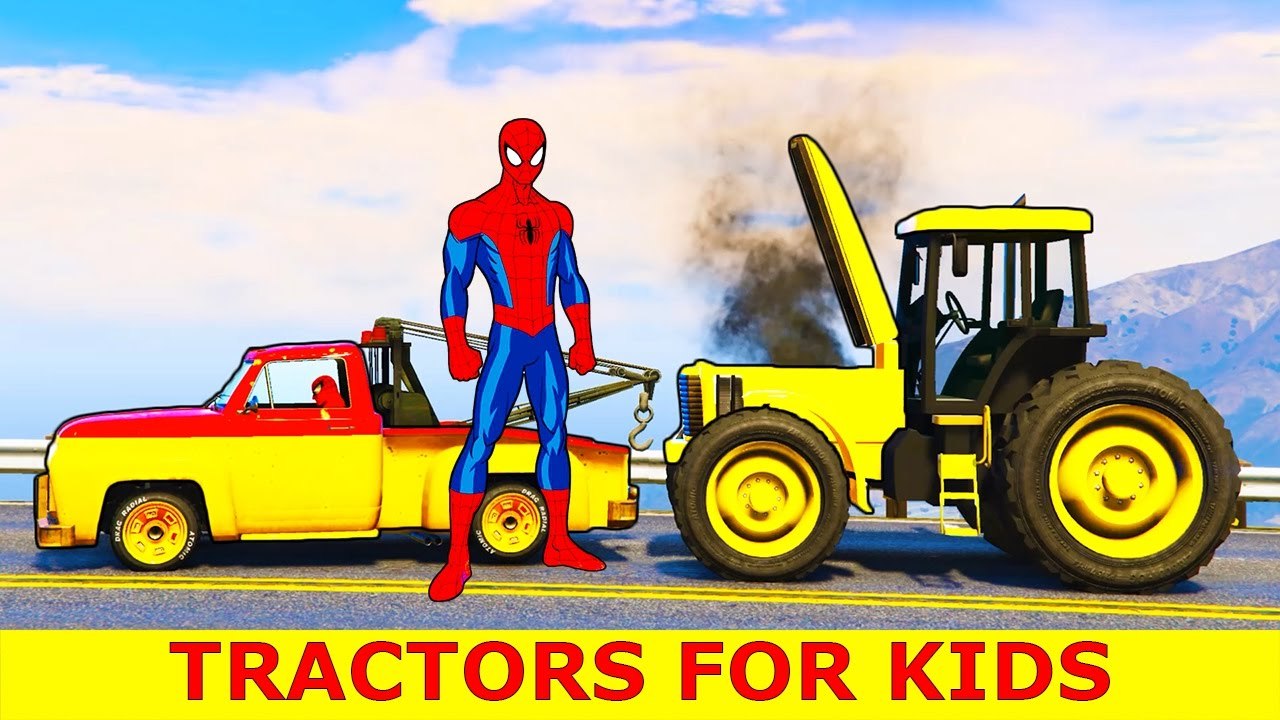 Spiderman Repairs Color Tractors for Kids Cars Cartoon with Trucks