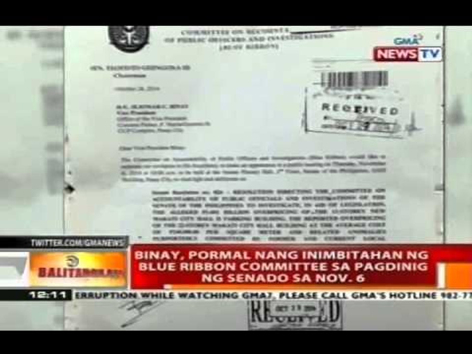 Binay, pormal nang inimbitahan ng blue ribbon committee sa pagdinig ng Senado sa Nov. 6