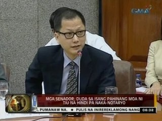 24Oras: Mga senador, duda sa isang pahinang MOA ni Antonio Tiu na hindi naka-notaryo