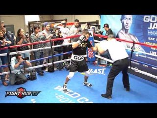 Gennady Golovkin shows KO power on shield ahead of Jacobs fight