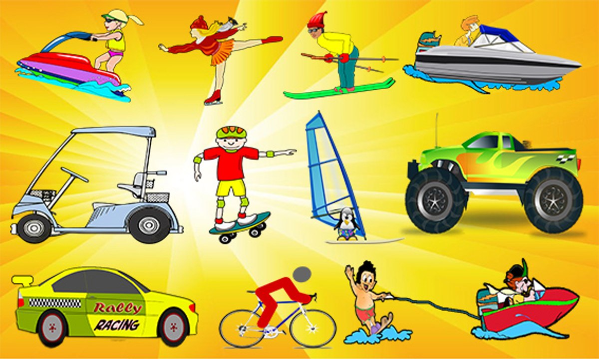 Sports Vehicles for Kids - Racing Car Bike Formula Rally GT Golf Cart Skating Skiing Skateboarding