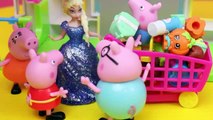 Peppa Pig Shops for Shopkins with Frozen Elsa and Anna Dollsa at the Small Mart Store Disn