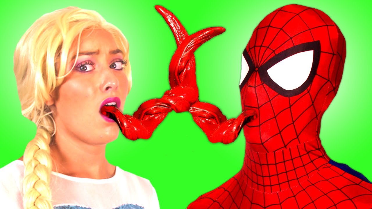 Spiderman & Frozen Elsa TONGUE TWIST! w_ Pink Spidergirl Princess Anna & Belle! Superhero Fun _)