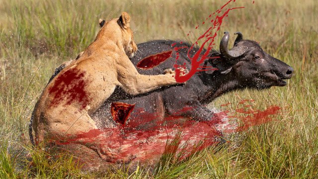 3 Lions killing a cape buffalo