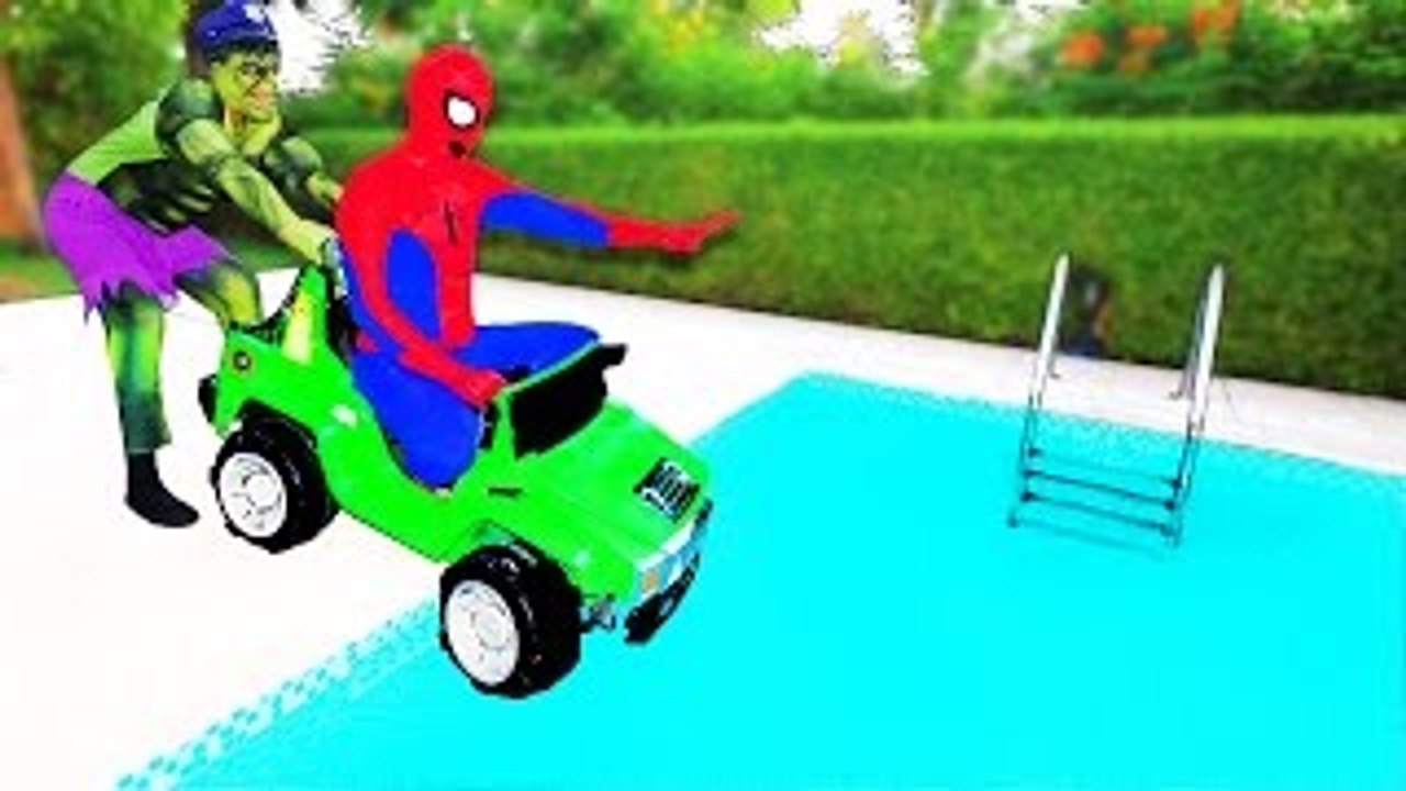 Spiderman & 4x4 Car FALL in HUGE POOL?! w/ Frozen Elsa, Joker, Venom, Police Hulk & Cat in