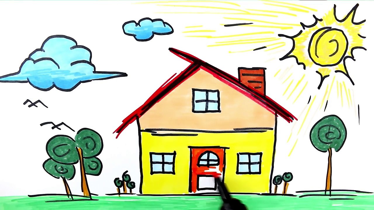 How to Draw House, Clouds, Sun and Trees - Art for Children - Drawing for Kids