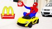 SPIDERMAN DRIVES TO MCDONALDS! w/ Kids Power Wheels Cars Toys, Freaky Joker Baby Spiderman