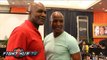 Evander Holyfield & Bernard Hopkins embrace at MGM for Mayweather vs. Pacquiao