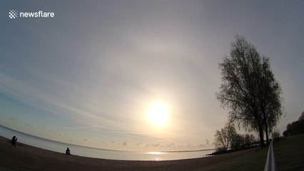 Beautiful sun halo over the North Sea in the Netherlands