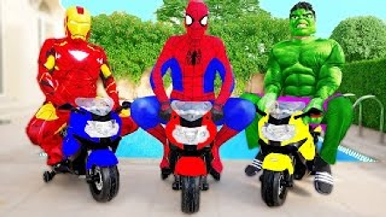 THE AVENGERS : Spiderman Iron Man & Hulk MOTORBIKE FUN! w/ Paw Patrol Chase Kids Movie in