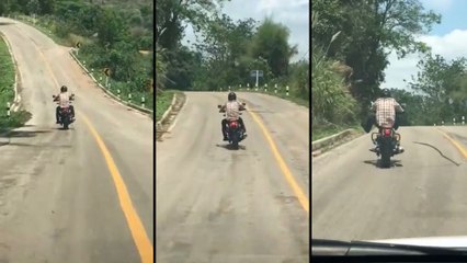 Un serpent attaque un motard qui roule
