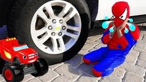 FREAKY JOKER Crushes SpiderBaby BLAZE Monster Machines Toy Under Car w/ Spiderman, Hulk in