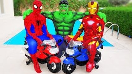 THE AVENGERS : Spiderman Hulk & Iron Man MOTORBIKE FUN! w/ Joker Kids Disney Toys Movie in