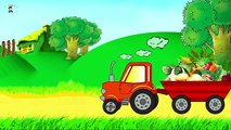 Learning vegetables. Cartoon about a tractor. Developing cartoon